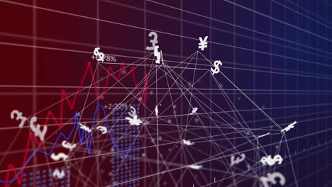 símbolos de divisas y animación de gráficos financieros sobre el fondo de la cuadrícula