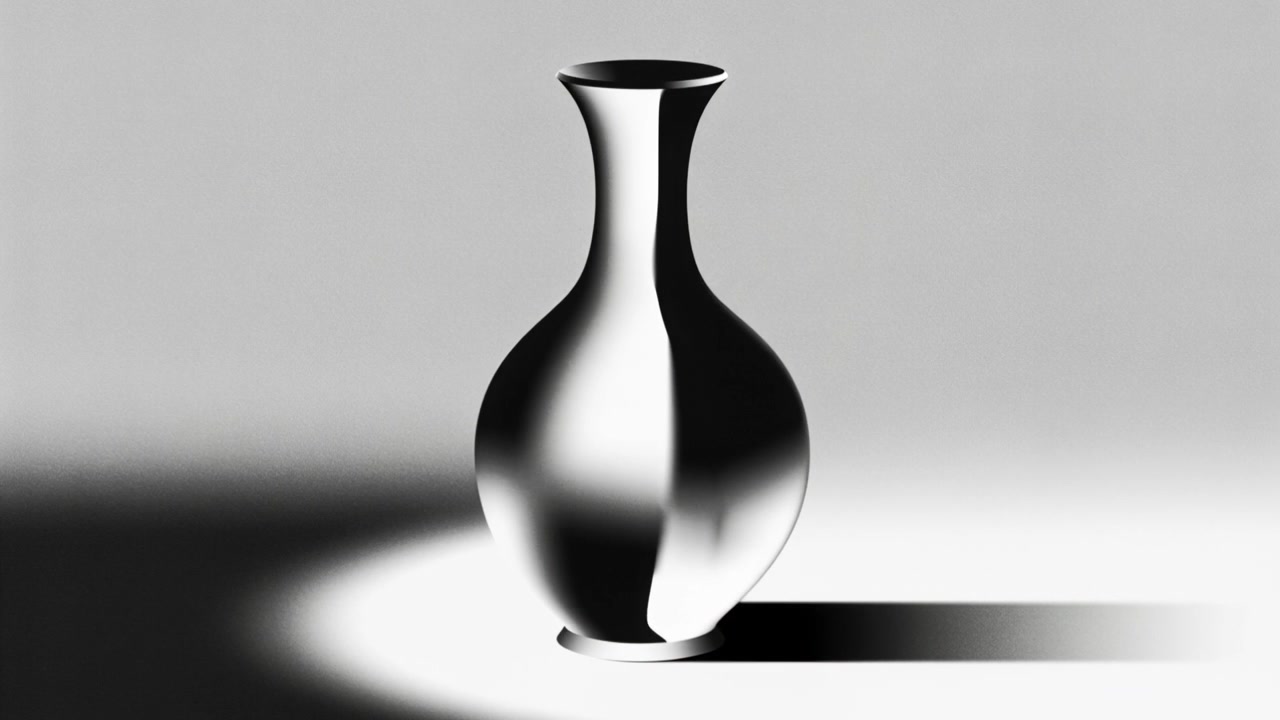 Faretto mobile che sposta i riflessi sul tavolo, rivelando un vaso lucido, con una pozza di luce a sinistra e ombra a destra.