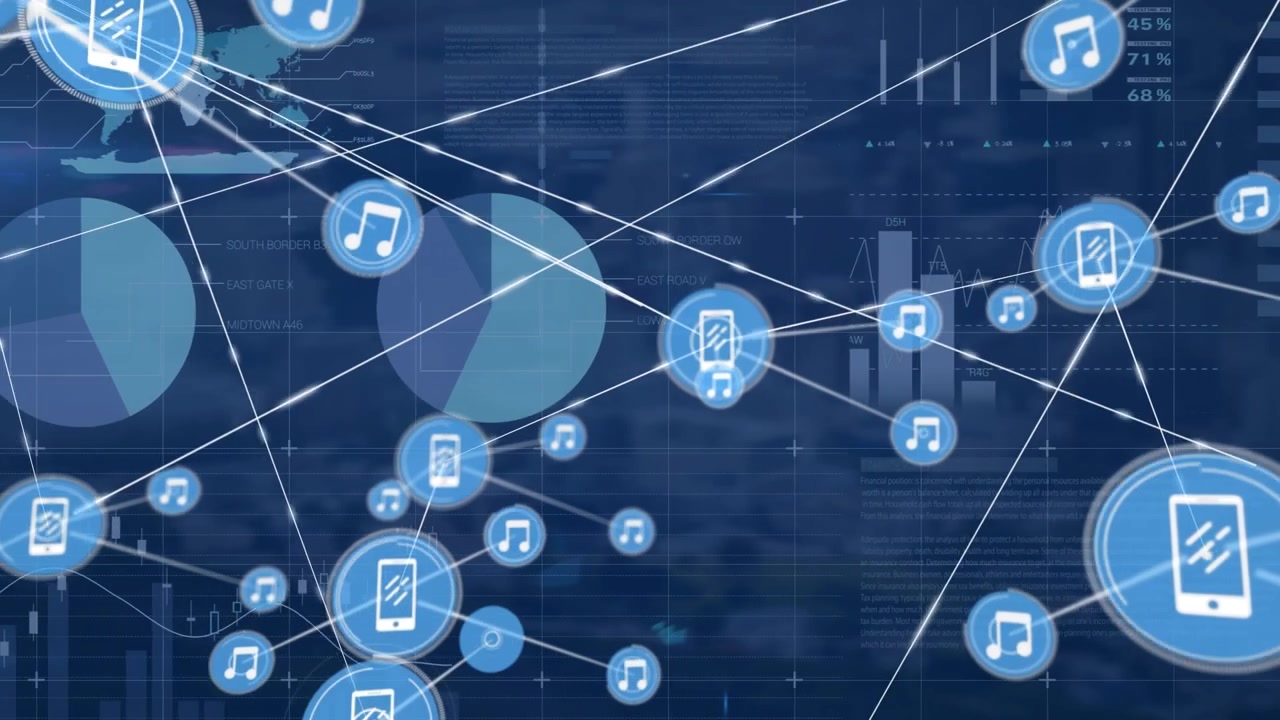 Animation of musical note and mobile icon's network connecting with lines against graph data