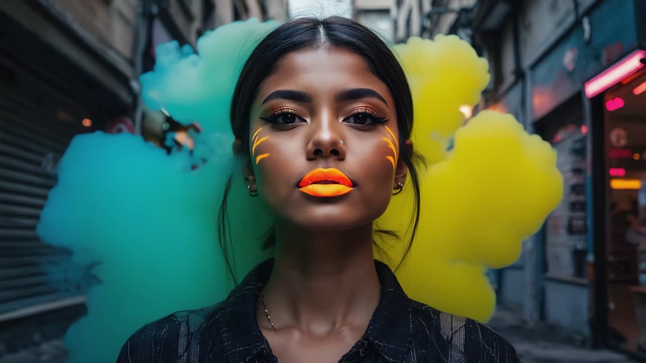 Un ritratto suggestivo di una donna con trucco neon in un ambiente urbano