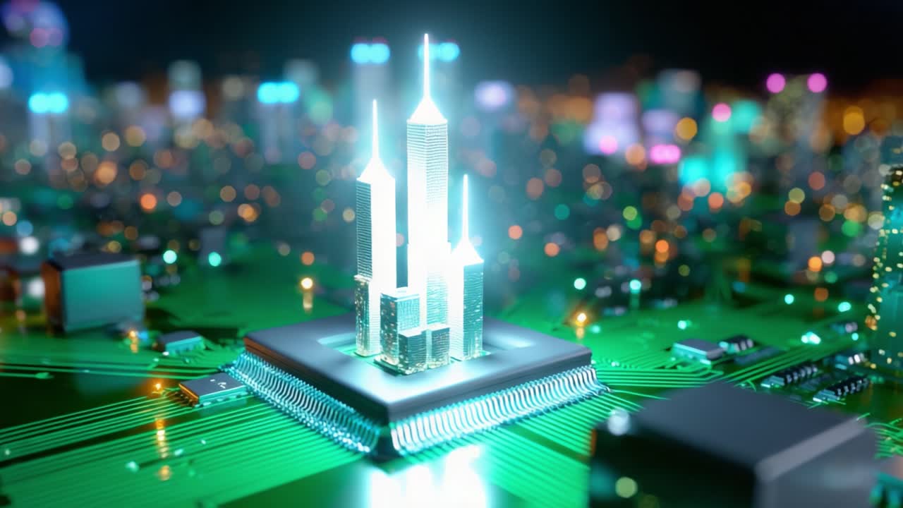 A Captivating Fusion of Technology and Urban Landscapes, Featuring Majestic Skyscrapers Emerging from a Circuit Board, Highlighting the Intricate Connection Between Digital Innovation and Modern Architecture