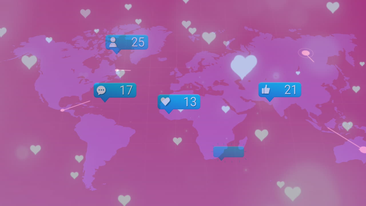 빨간색 배경의 세계 지도에서 점점 더 많은 수의 소셜 미디어 아이콘의 애니메이션