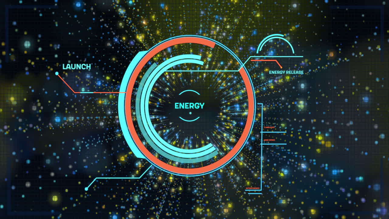 Futuristic energy gauge animation with colorful data and launch percentage