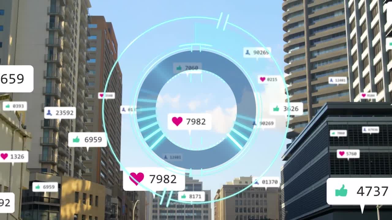 소셜 미디어 아이콘과 도시 풍경에 대한 범위 스캐닝의 애니메이션