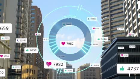 animación del escaneo del alcance sobre iconos de redes sociales y paisaje urbano