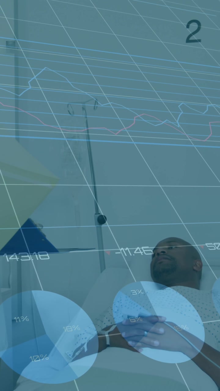 Animation of financial graphs and data over diverse female and male doctors talking