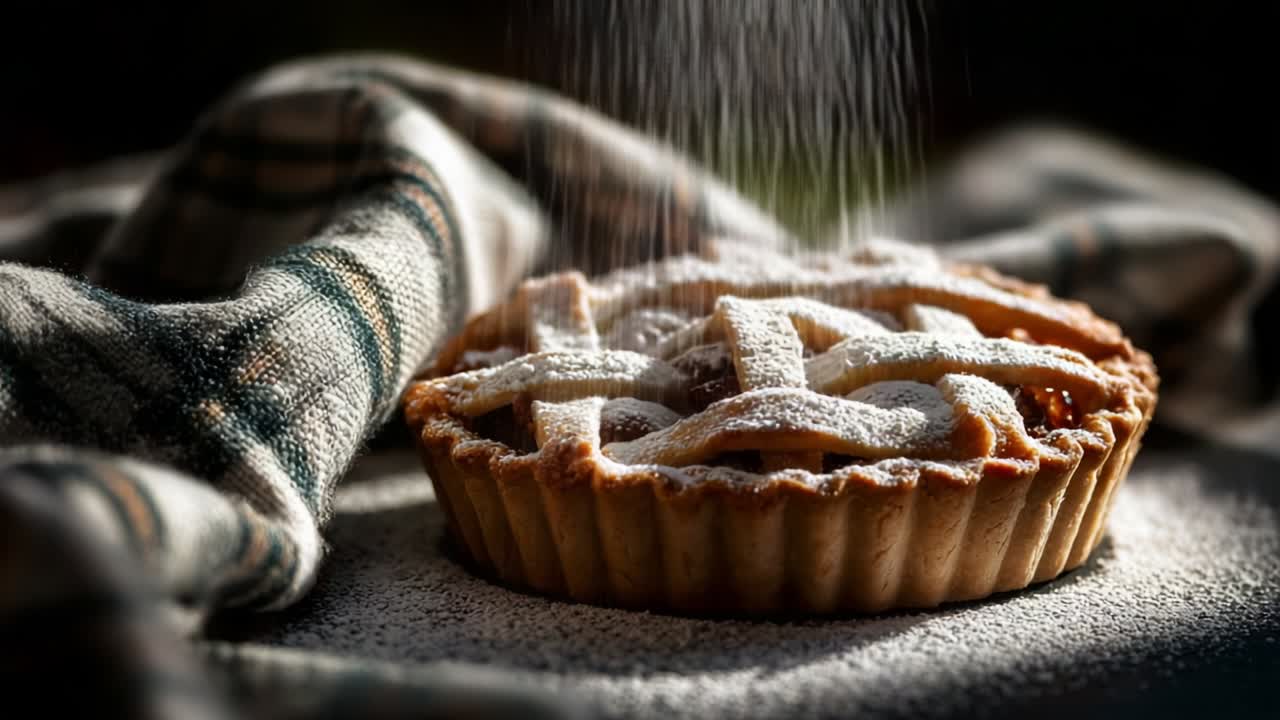 An Exquisite Close-Up of a Deliciously Baked Pie with a Lattice Crust, Dusting of Powdered Sugar, and a Cozy Textured Cloth in the Background, Highlighting the Warmth and Comfort of Homemade Desserts