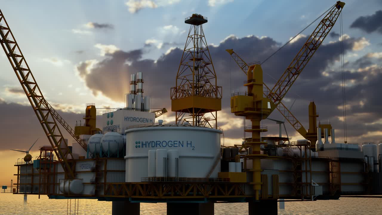 водородное возобновляемое морское производство энергии, водородный газ для чистой электроэнергии солнечная и ветряная турбина.