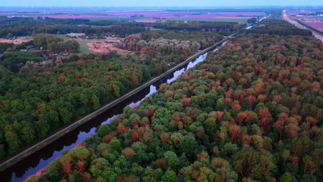 colorful fall leaves by river. lush trees displaying fall colors surround a peaceful river, showcasing nature's beauty in the evening light