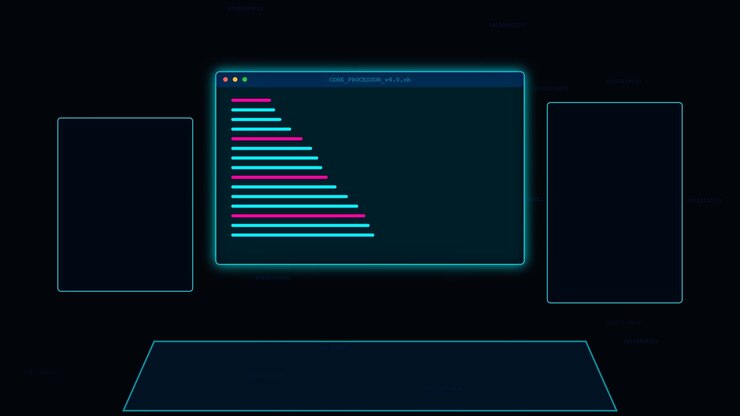 Digital Interface with Glowing Code Terminal and Floating Binary Data
