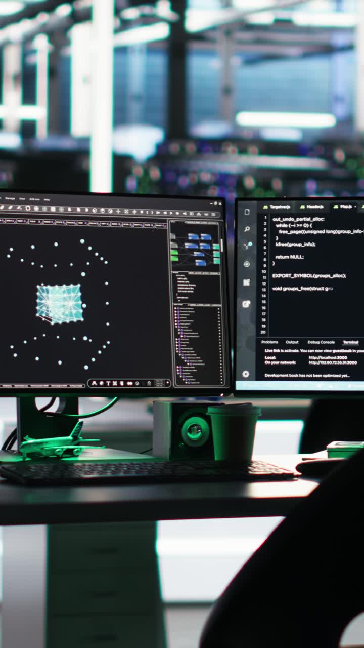 Vertical Video Monitors In Data Center Displaying Node Tree Programming Software