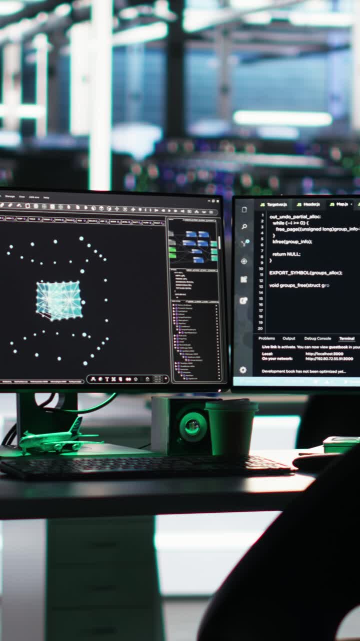 Vertikale videoskærme i datacenter viser nodetræ-programmeringssoftware.