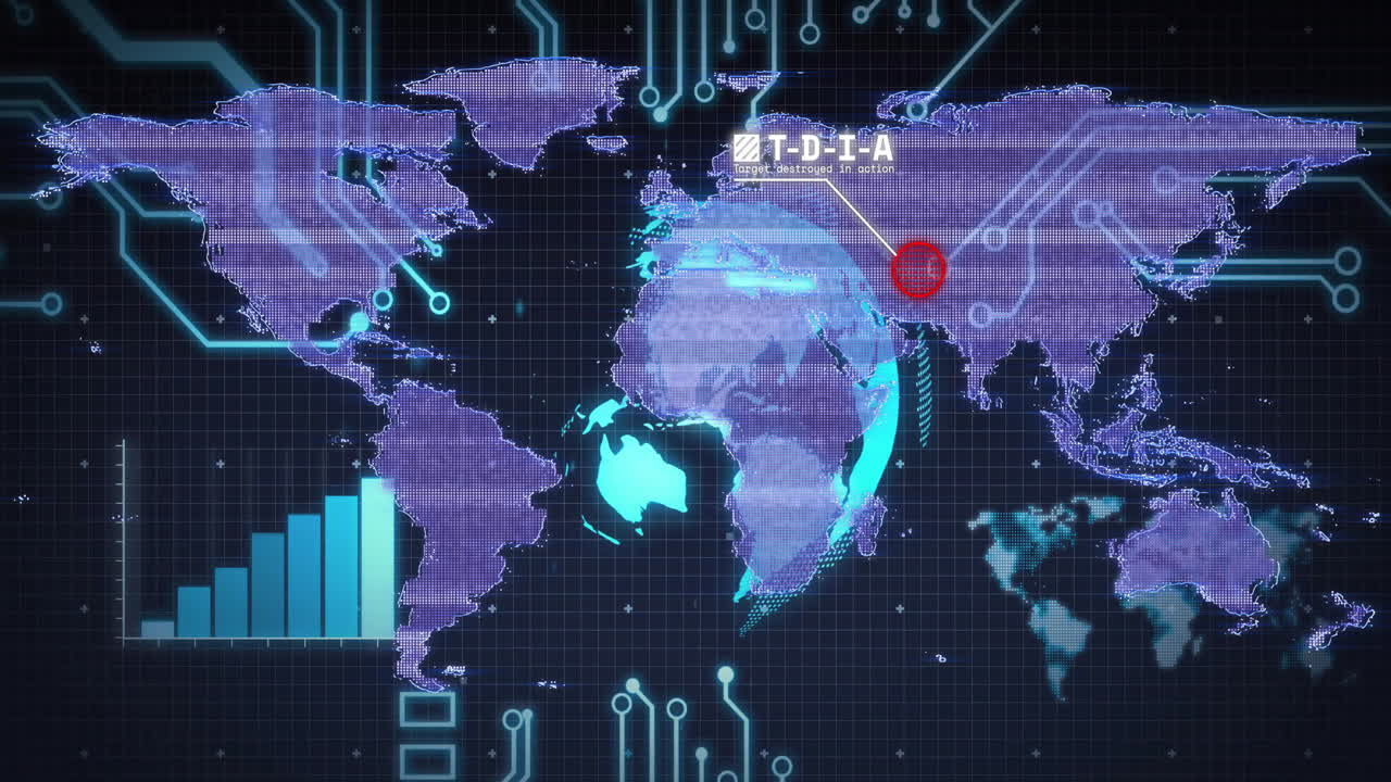 Animation of digital world map highlighting Asia with data graphics overlay