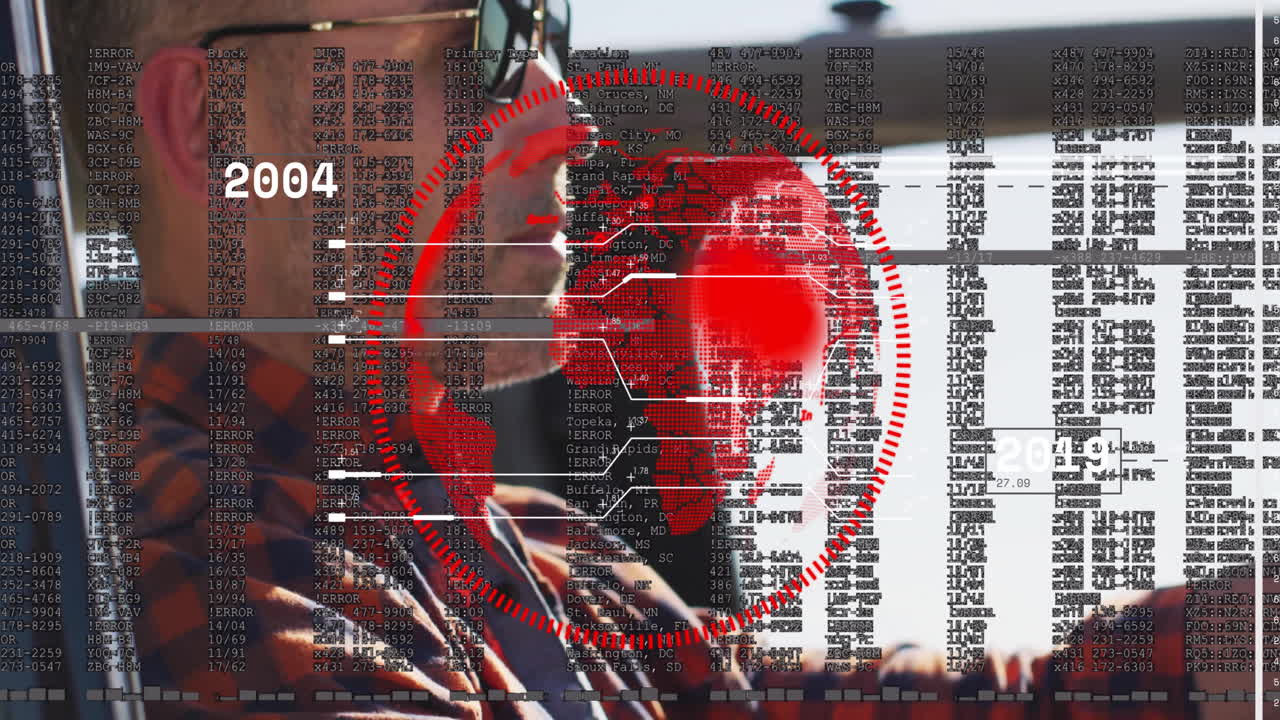 Man wearing sunglasses with digital data and red target overlay animation