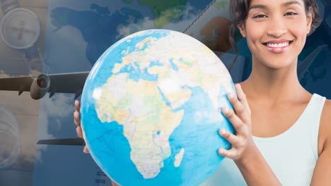 animation of happy biracial woman with globe over plane