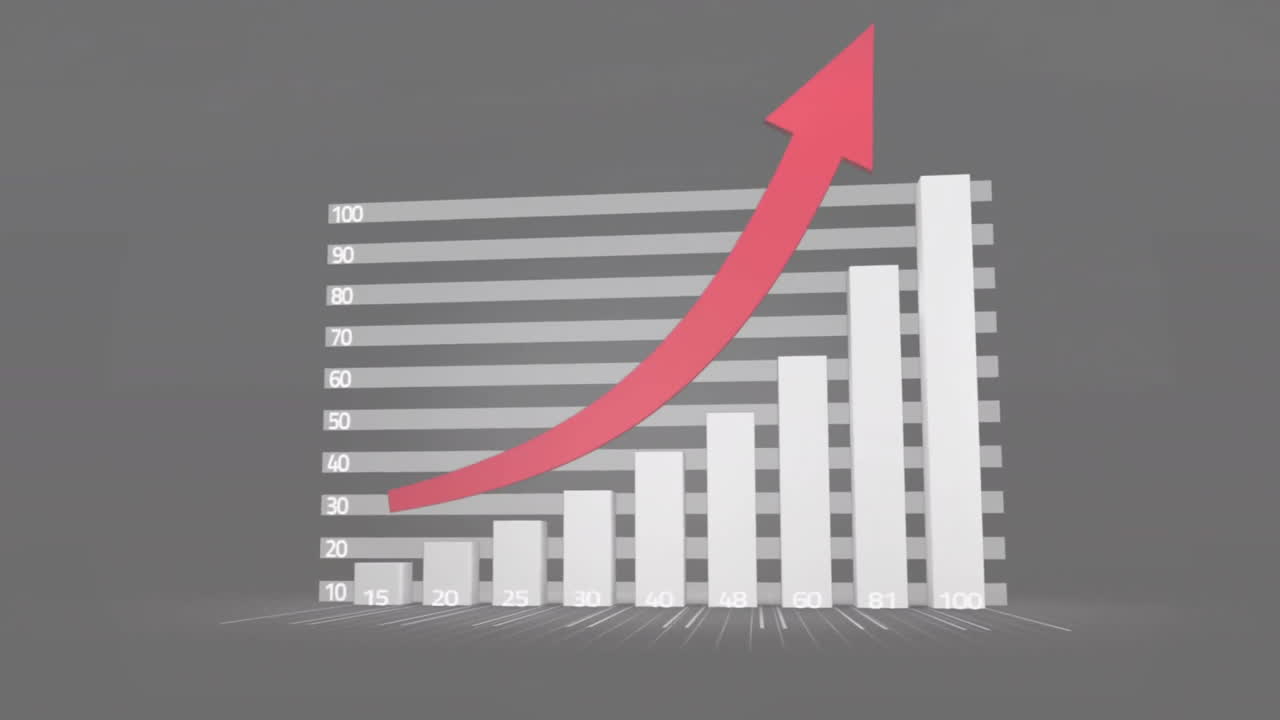 animación de la flecha roja, las estadísticas y el procesamiento de datos sobre fondo gris