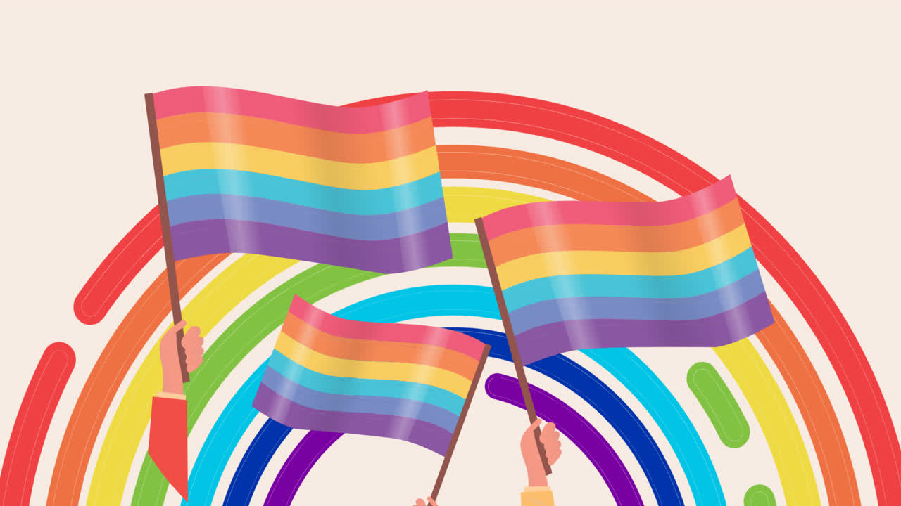 animación digital de manos sosteniendo banderas de orgullo gay sobre el círculo arco iris en fondo rosa