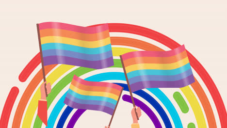 digital animation of hands holding gay pride flags over rainbow circle on pink background