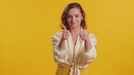 great job, successful good work, woman showing thumbs up and nodding in approval claps hands victory