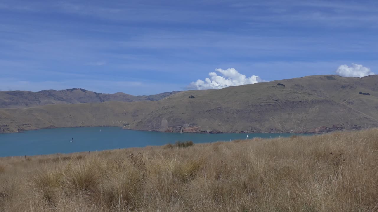 los yates en el puerto parecen diminutos antes del volcán extinto - península de los bancos, nueva zelanda