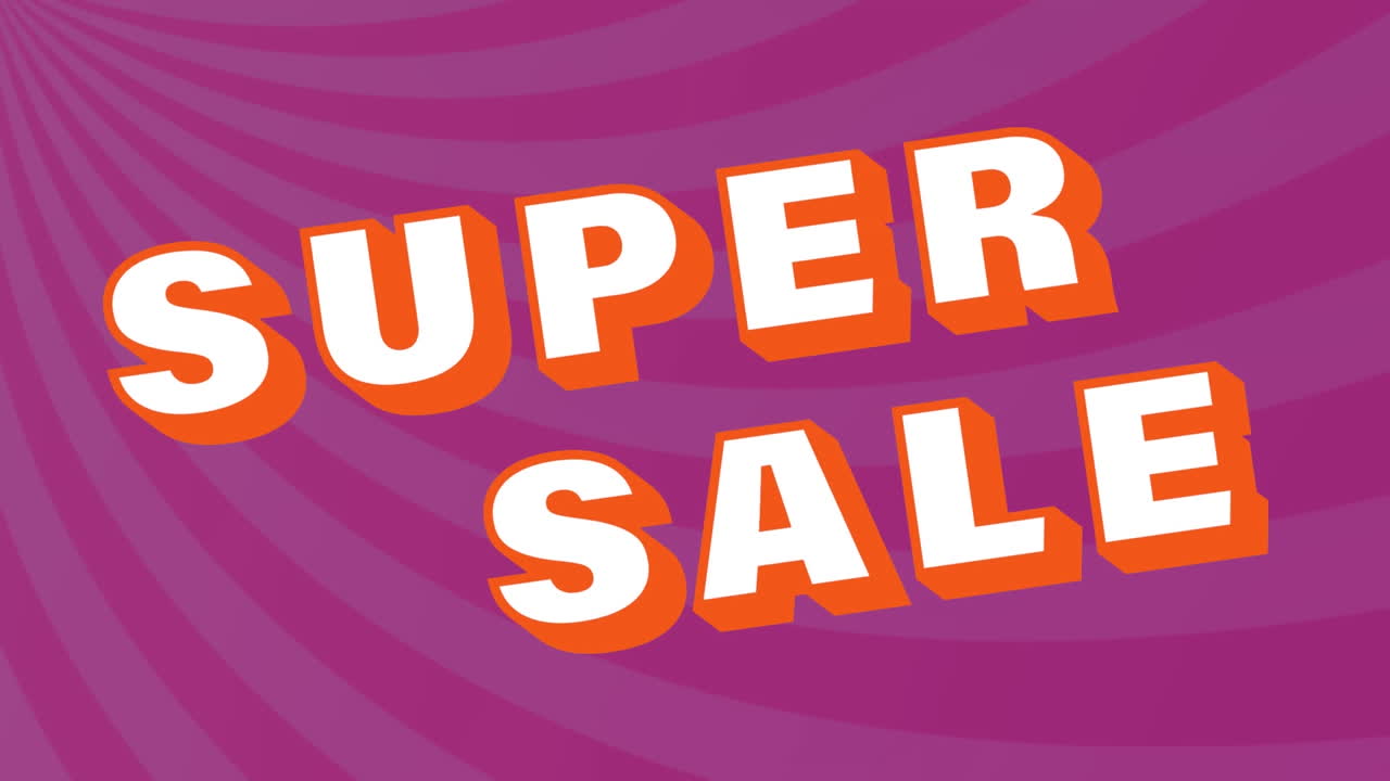 animación del texto de super venta con patrón de rayo de sol sobre fondo púrpura