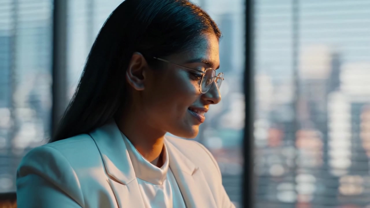 Profile View of a Confident Woman in Professional Attire with Glasses, Contemplating Future Opportunities Against a Cityscape Background