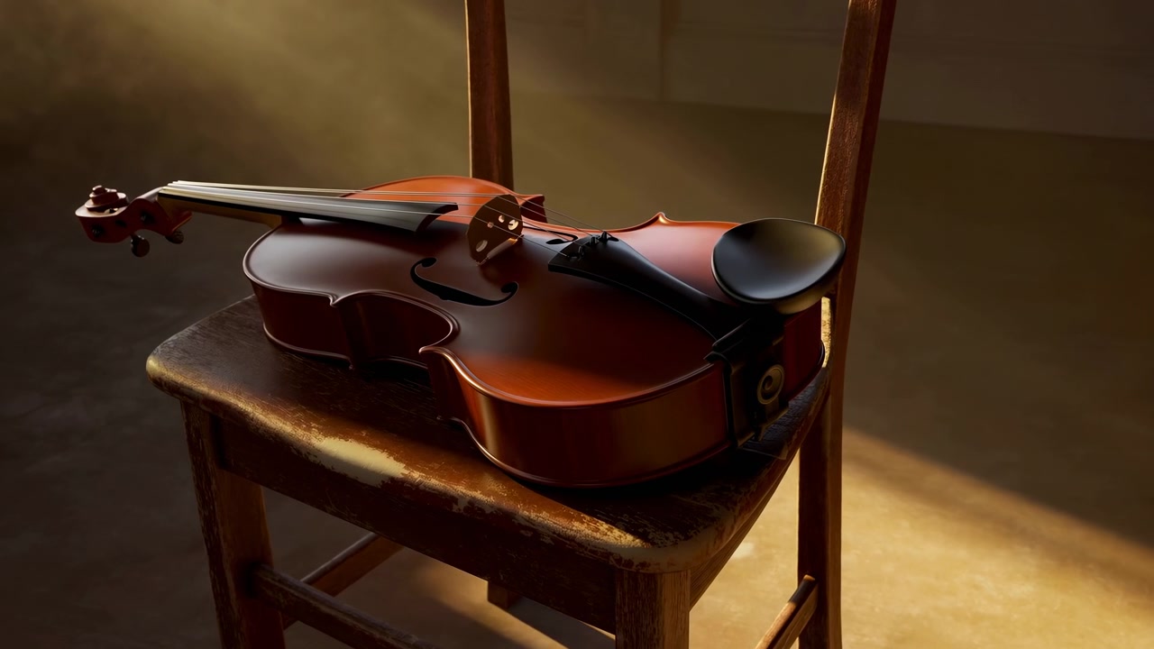 Un violino giace in diagonale su una sedia di legno in un interno illuminato delicatamente, con la calda luce del sole che proietta ombre delicate nella stanza