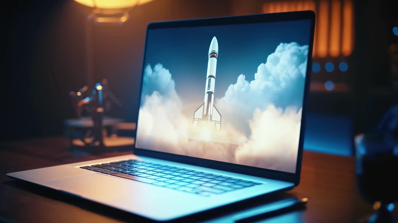 A video of a rocket launch displayed on a laptop screen, captured from a side angle