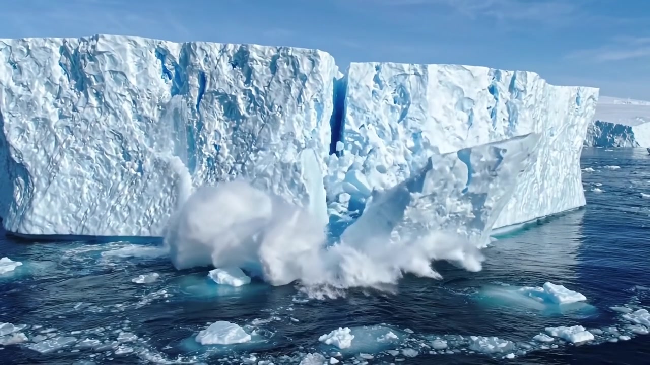 Dramatischer Eiskollaps: Ein Einblick in die Kraft der Natur, wenn ein massiver Gletscher auseinanderbricht und ins Meer stürzt, spektakuläre Wasserspritzer und Wellen erzeugend