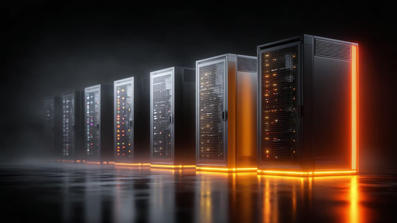Et futuristisk datacenter med rækker af højteknologiske servere med glødende lys i et svagt oplyst miljø, der symboliserer avanceret teknologi og connectivity
