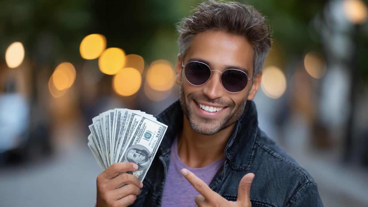Uomo sorridente e sicuro di sé che tiene in mano dei contanti, che mostra ricchezza e gioia in un vivace sfondo urbano, che trasuda sicurezza di sé e successo nella vita