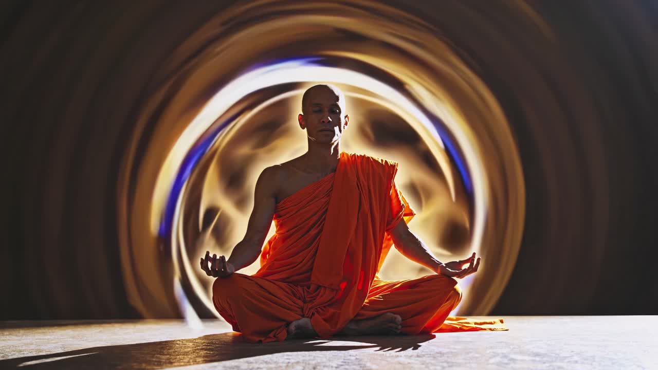 A monk in orange robes meditates in a tunnel with swirling light