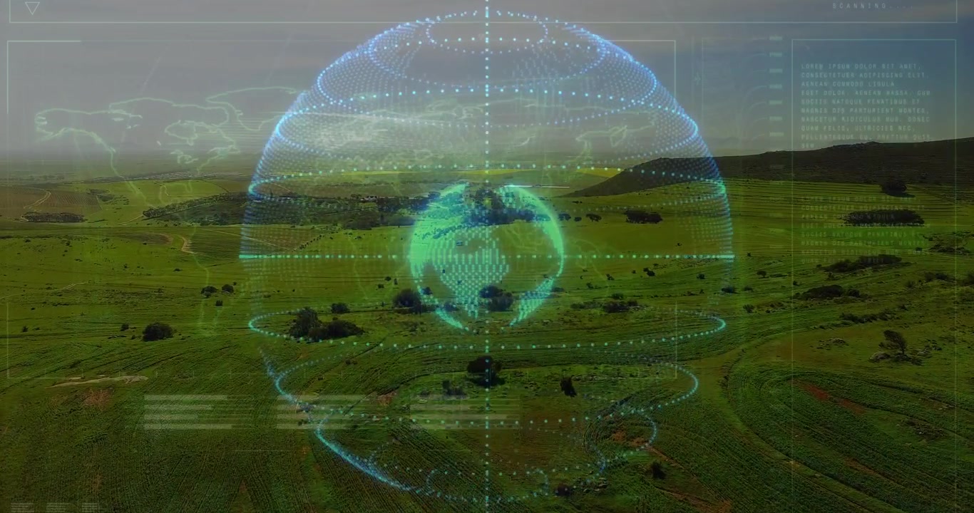 Dotted outlines initiating globe forming rotating data rings showing global network over farmland