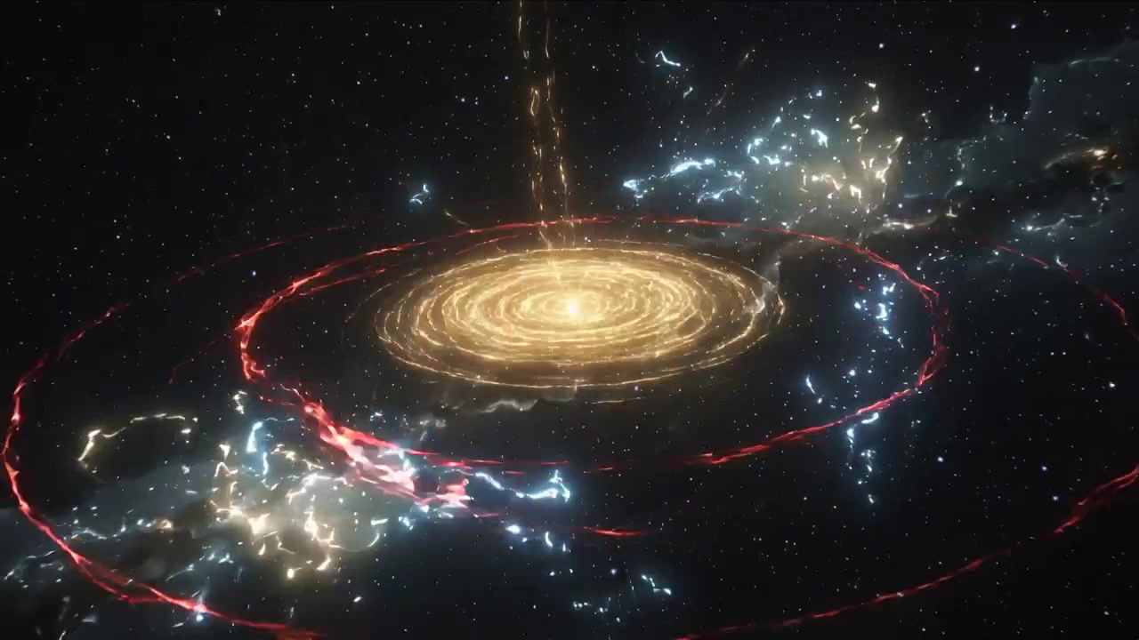Nucleo eruttivo che genera anelli rossi, un getto, formando un disco d'oro, nodi stellari nello spazio, evolvendo in una spirale.