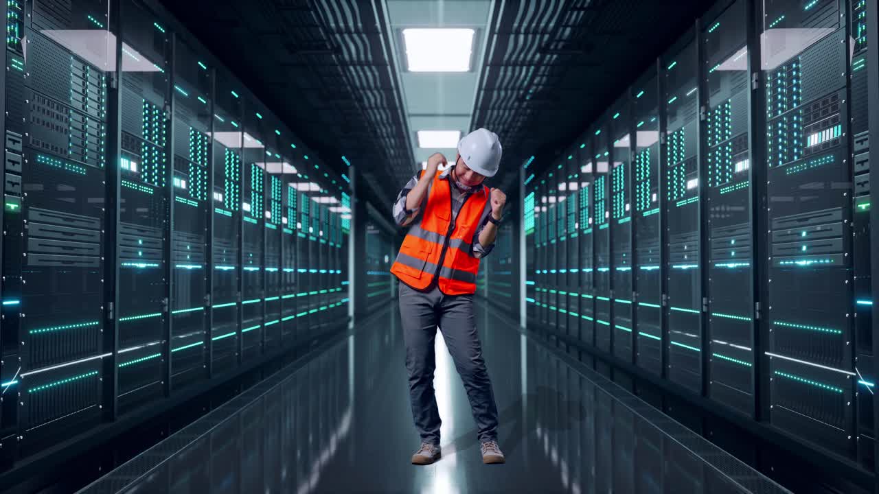 Full Body Of Asian Male Engineer With Safety Helmet Screaming Goal And Dancing Celebrating in Server Room Data Center