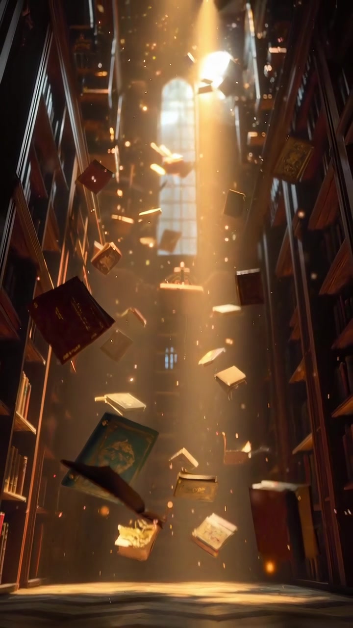 Biblioteca Mística com Livros Flutuando em Luz Dourada