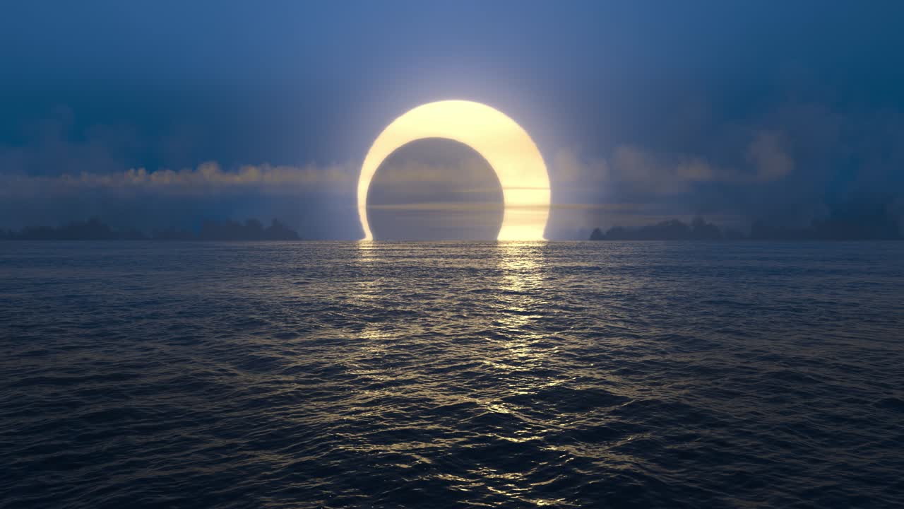 Blue sunset and solar eclipse over seamlessly looped ocean.