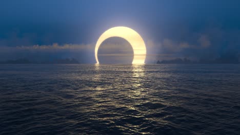 blue sunset and solar eclipse over seamlessly looped ocean.