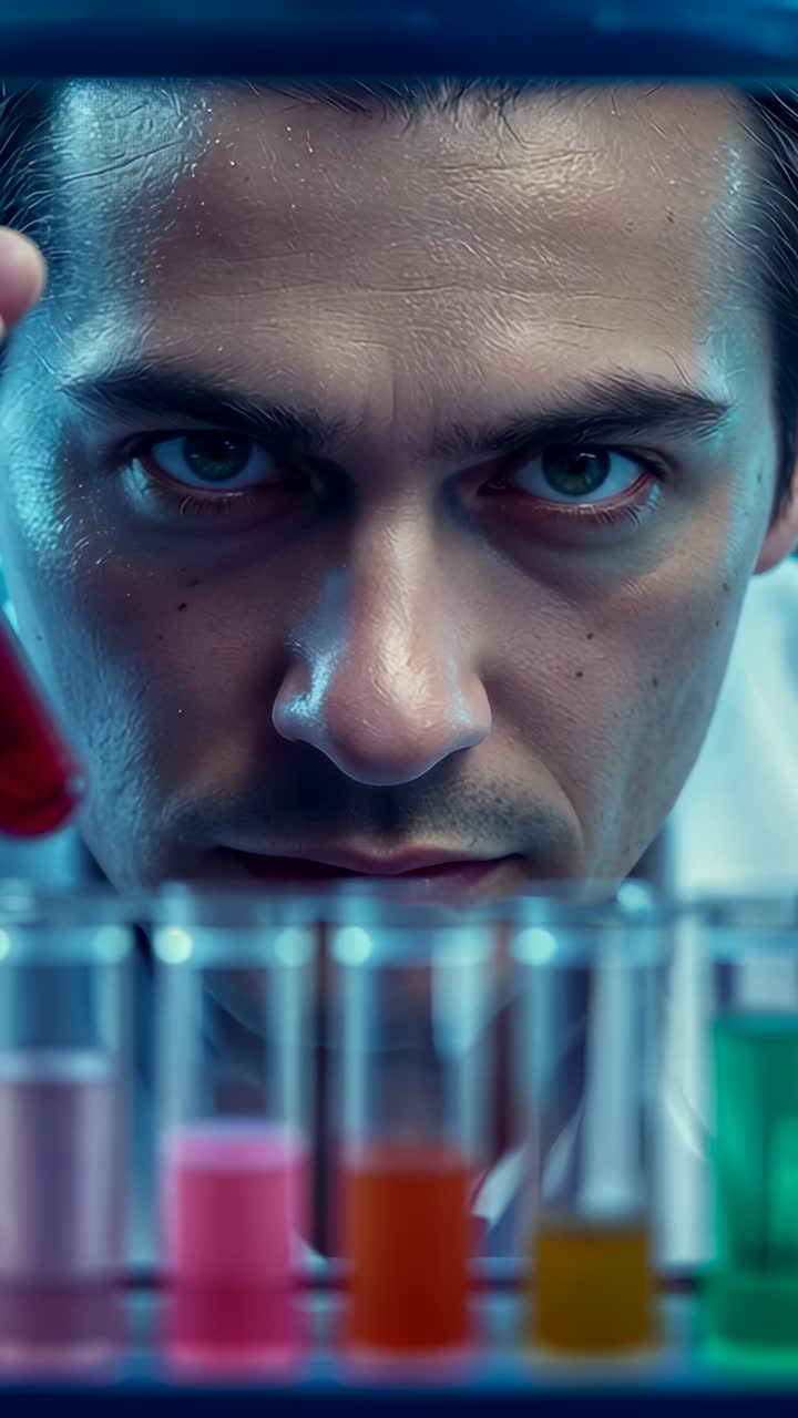 Video verticale: uomo che manipola liquidi in camice da laboratorio appoggiato al bancone mentre analizza provette