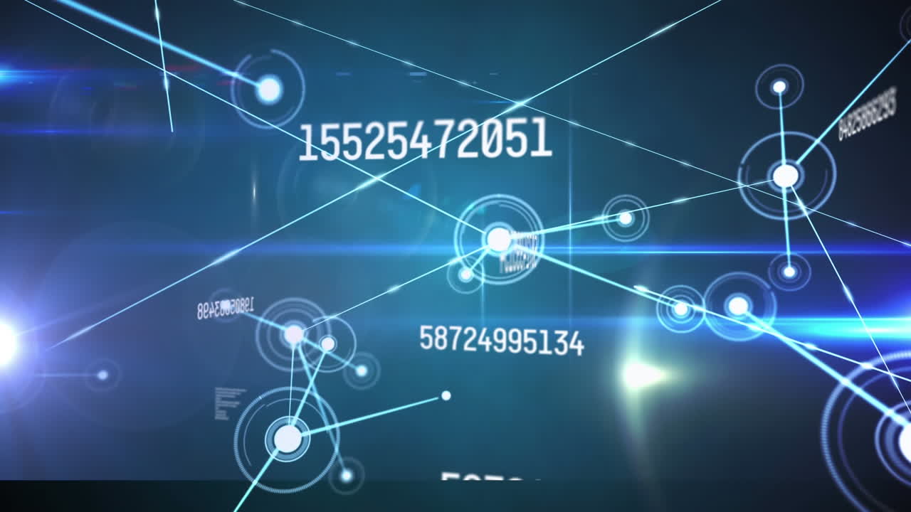 숫자가 바뀌고 연결 네트워크가 보라색 배경에 반 ⁇ 이는 빛을 통해 애니메이션