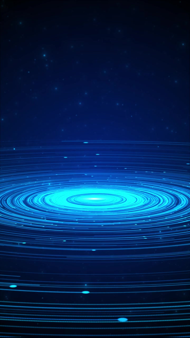 Futuristic blue ring platform with bright circular light glowing orbit lines and dark cosmic
