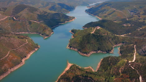 zezere river valley in portugal very long aerial shot