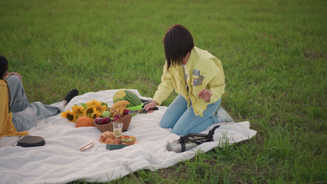 해바라기가 있는 푸른 초원에 아늑한 담요를 펼치고 피크닉을 준비하는 두 여성, 버드나무 바구니, 여러 종류의 과일, 치즈와 주스, 데님과 노란색 재킷, 담요 위에 놓인 카메라가 있는 햇살 가득한 피크닉, 자연스러운 모습
