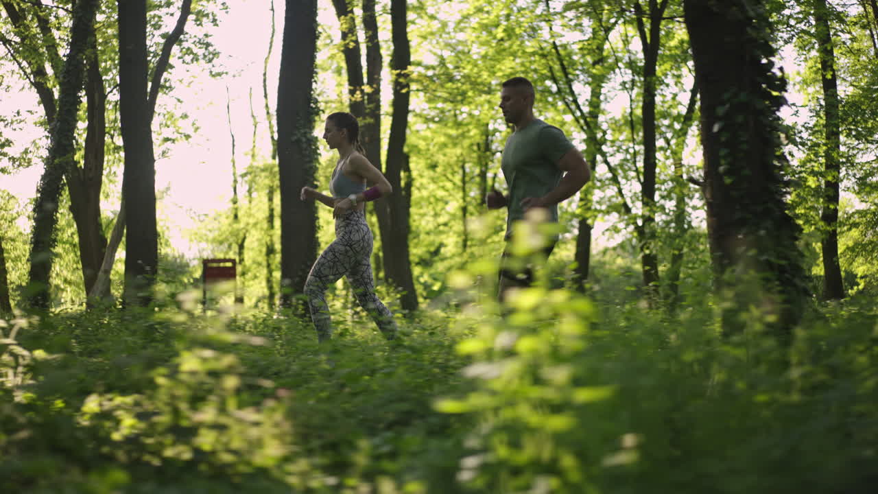 People running in a forest