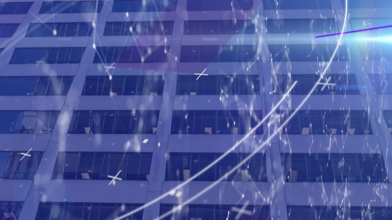 스 스캔 및 현대 건물 배경에 대한 연결 네트워크의 애니메이션