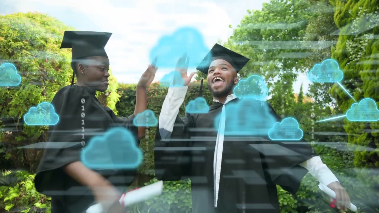 To dimittender tapper på diplomer efter at et sky-overlay vises, giver hånd, fejrer uddannelse