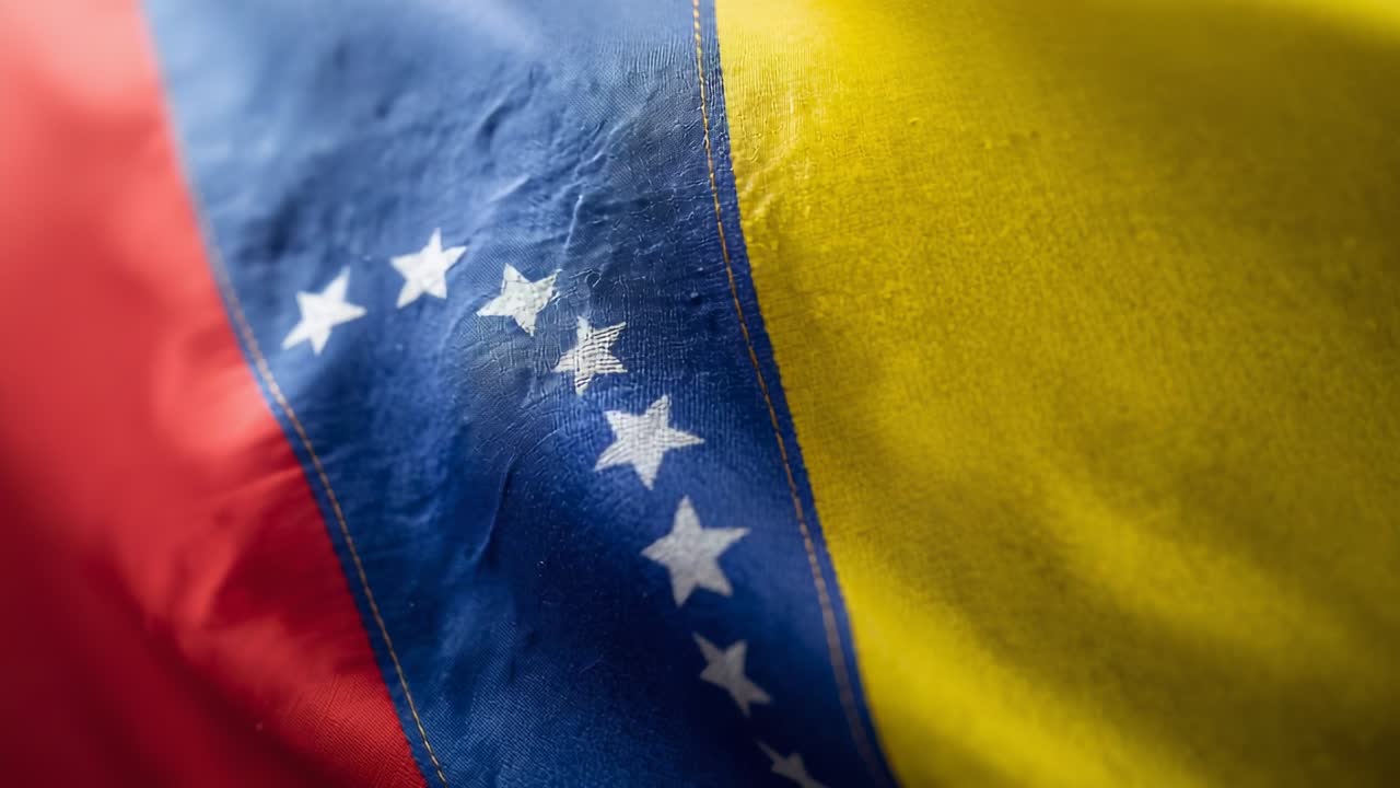 Tecido da bandeira venezuelana ondulando com a brisa e luz quente, mostrando estrelas e costuras bordadas.