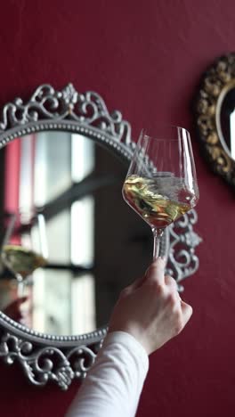 woman holding a glass of white wine in a restaurant