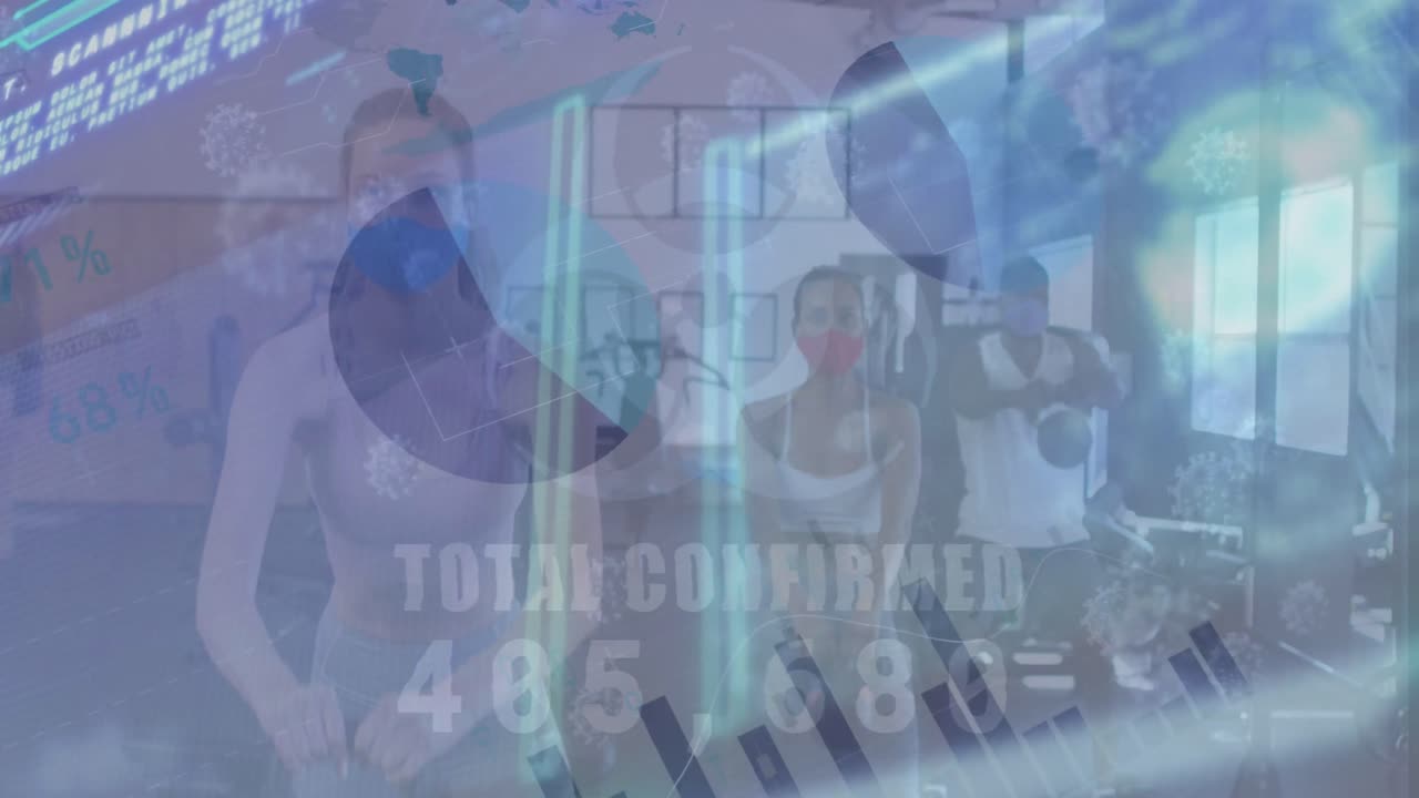 디지털 스크린에서 데이터 처리의 애니메이션과 얼굴 마스크를 입고 운동하는 다양한 사람들이