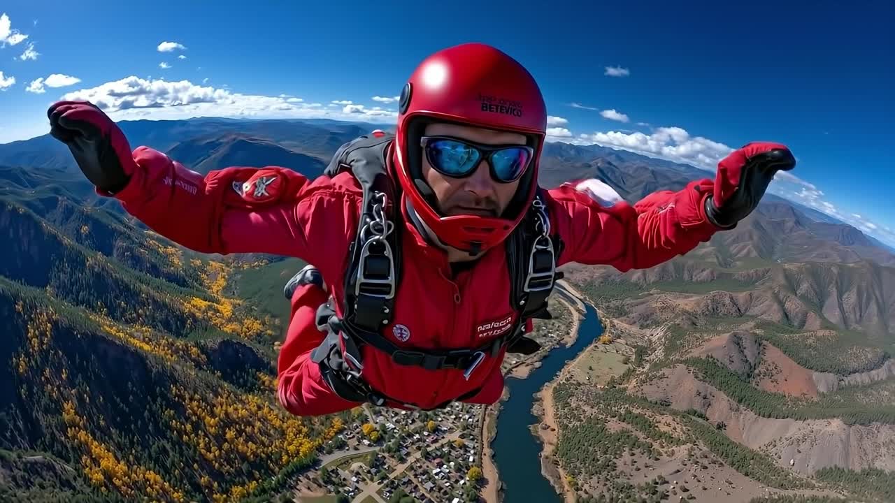 A man in a red suit and goggles is skydiving over a mountain range